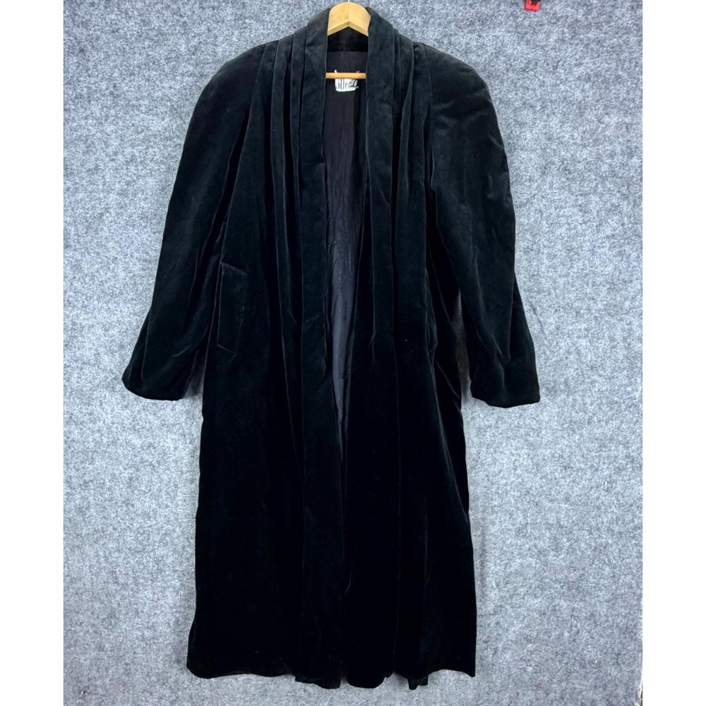 Vintage Collections Velvet Duster Coat Women Medium Black Long Sleeve Open Front
